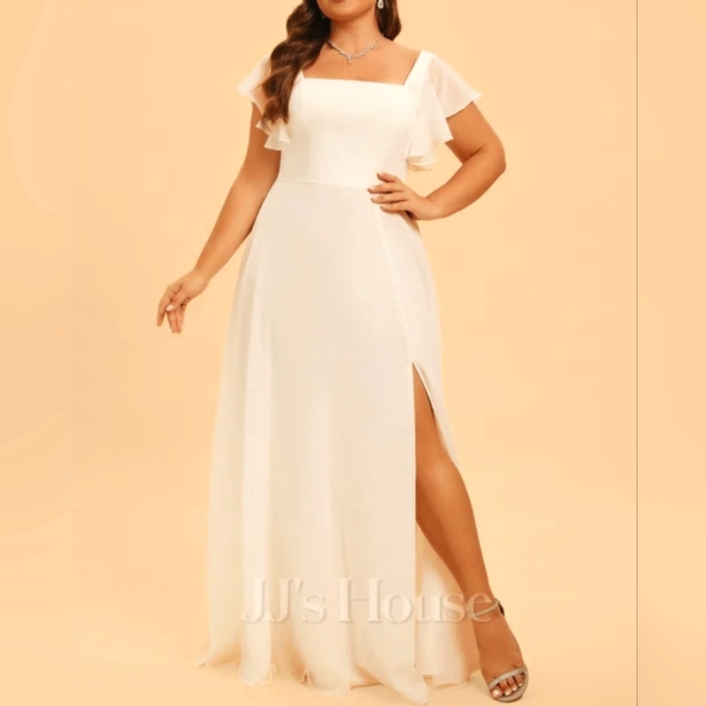 A-line Square Floor-Length White Chiffon Wedding Dress With Ruffle Size 24W NEW